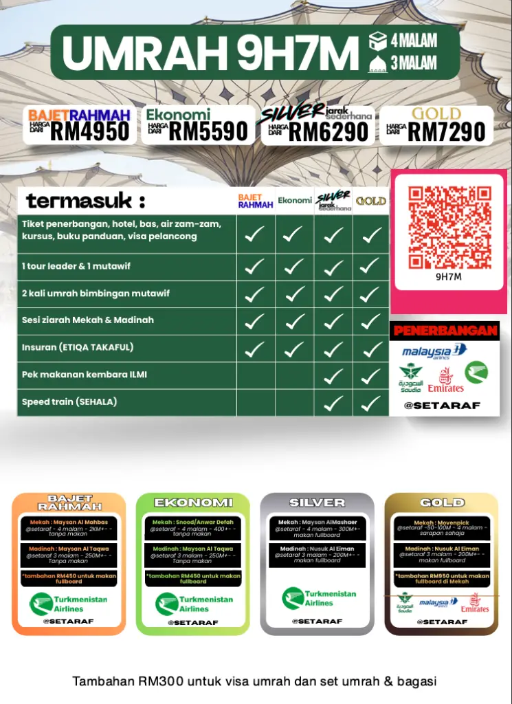 UMRAH 9H7M - BAJET RAHMAH, EKONOMI, SILVER, GOLD